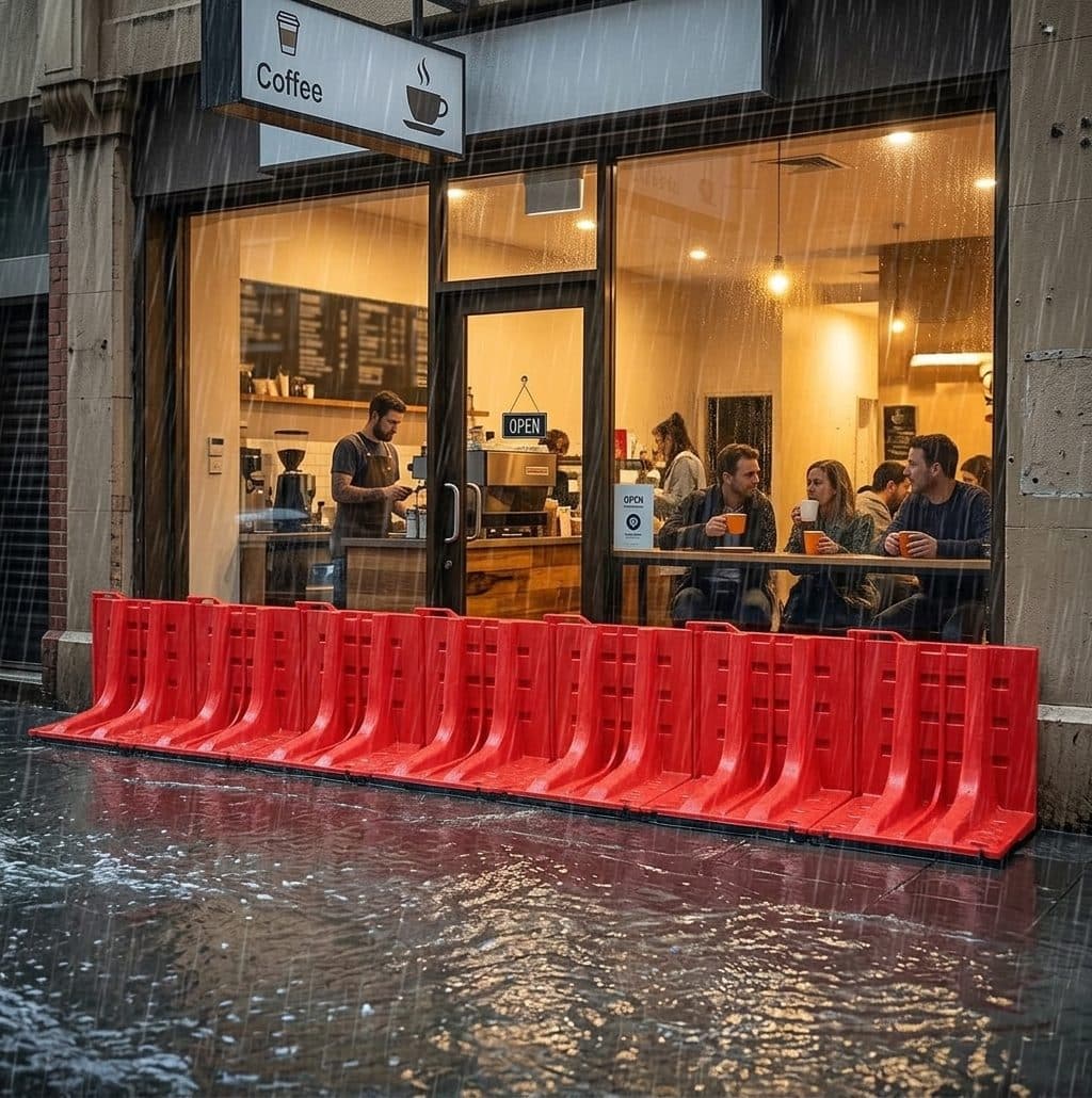 ABS portable flood barriers deployed at a retail café entrance, protecting against surface flooding