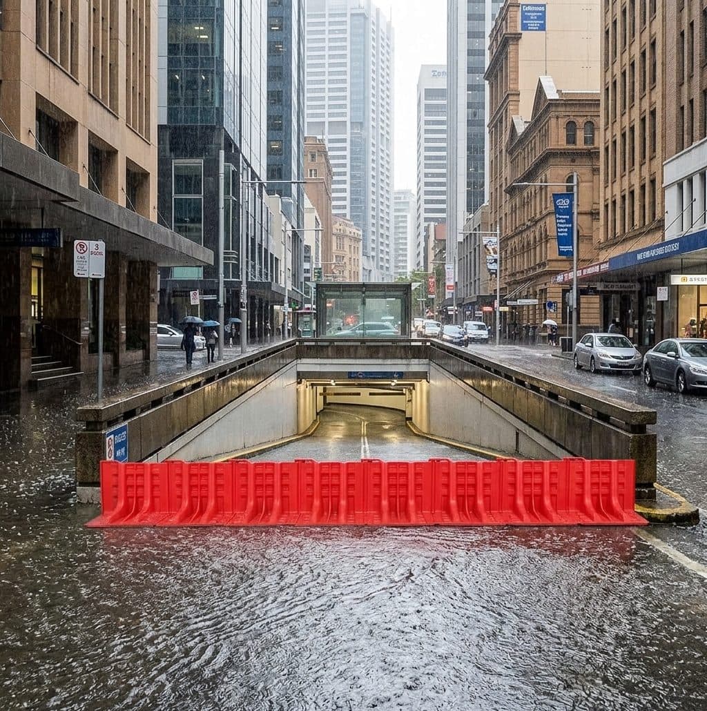ABS portable flood barrier panels linked across a wide commercial car park entry