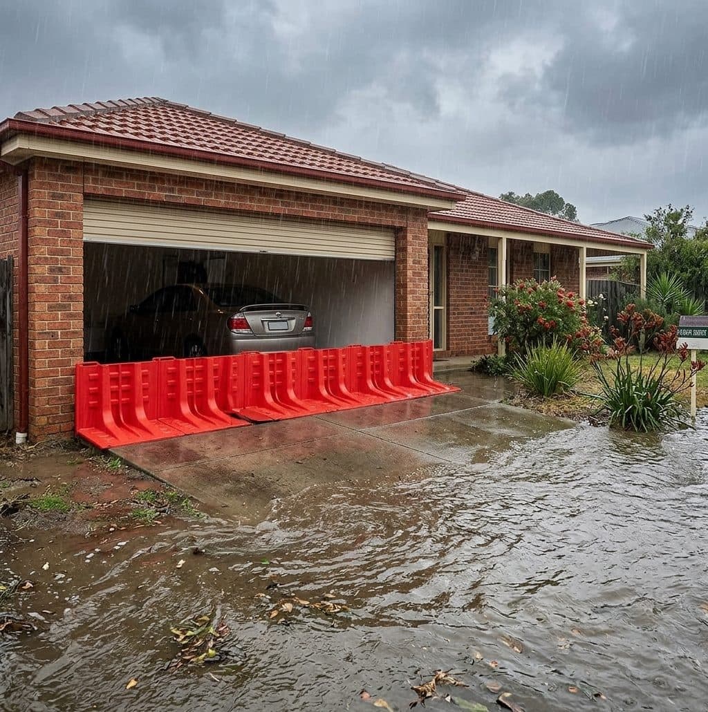 ABS portable flood barriers installed across a garage opening on a rural property
