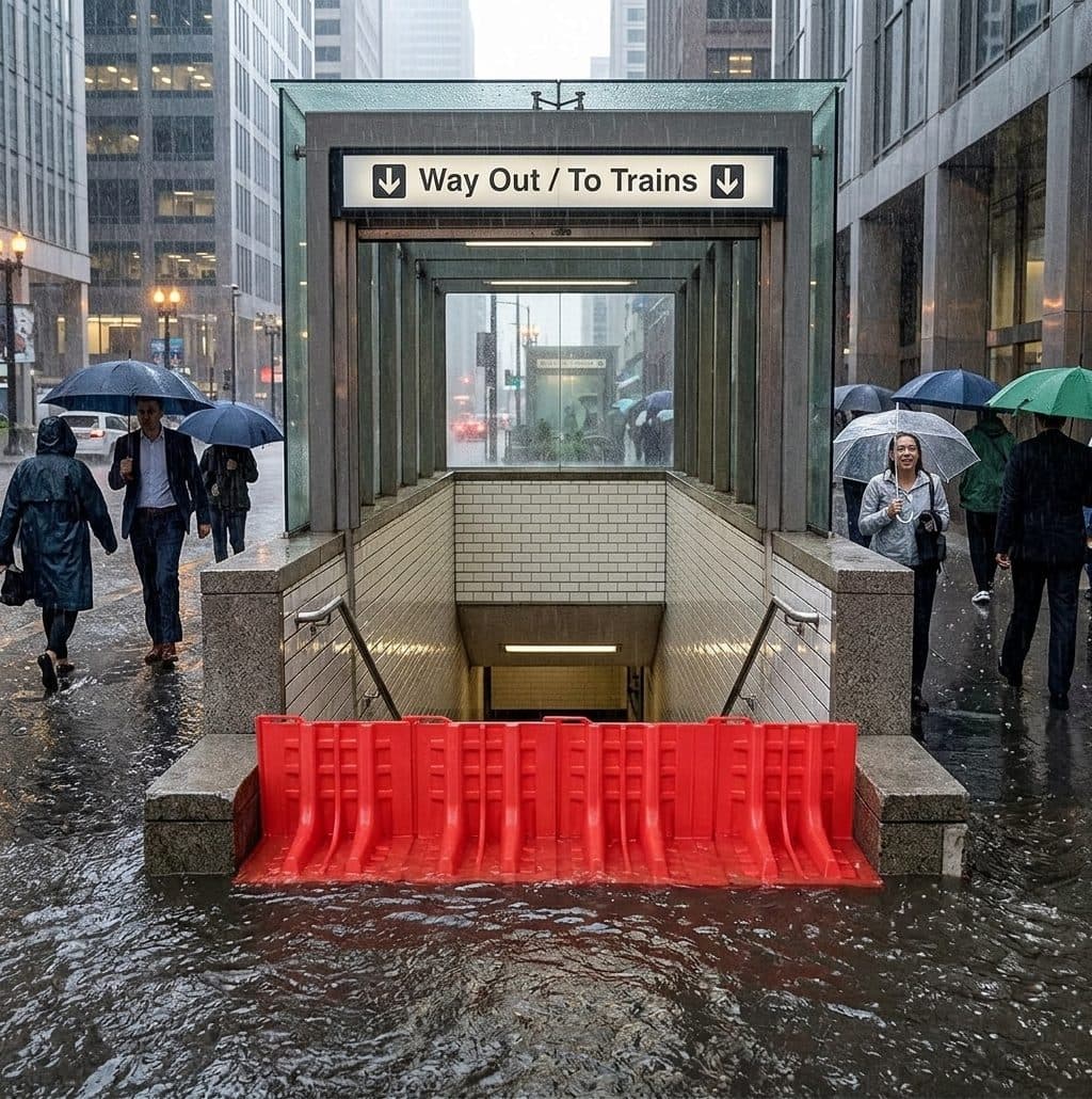 ABS portable flood barriers deployed at a metro train station entrance, protecting the underground transit access from surface flooding