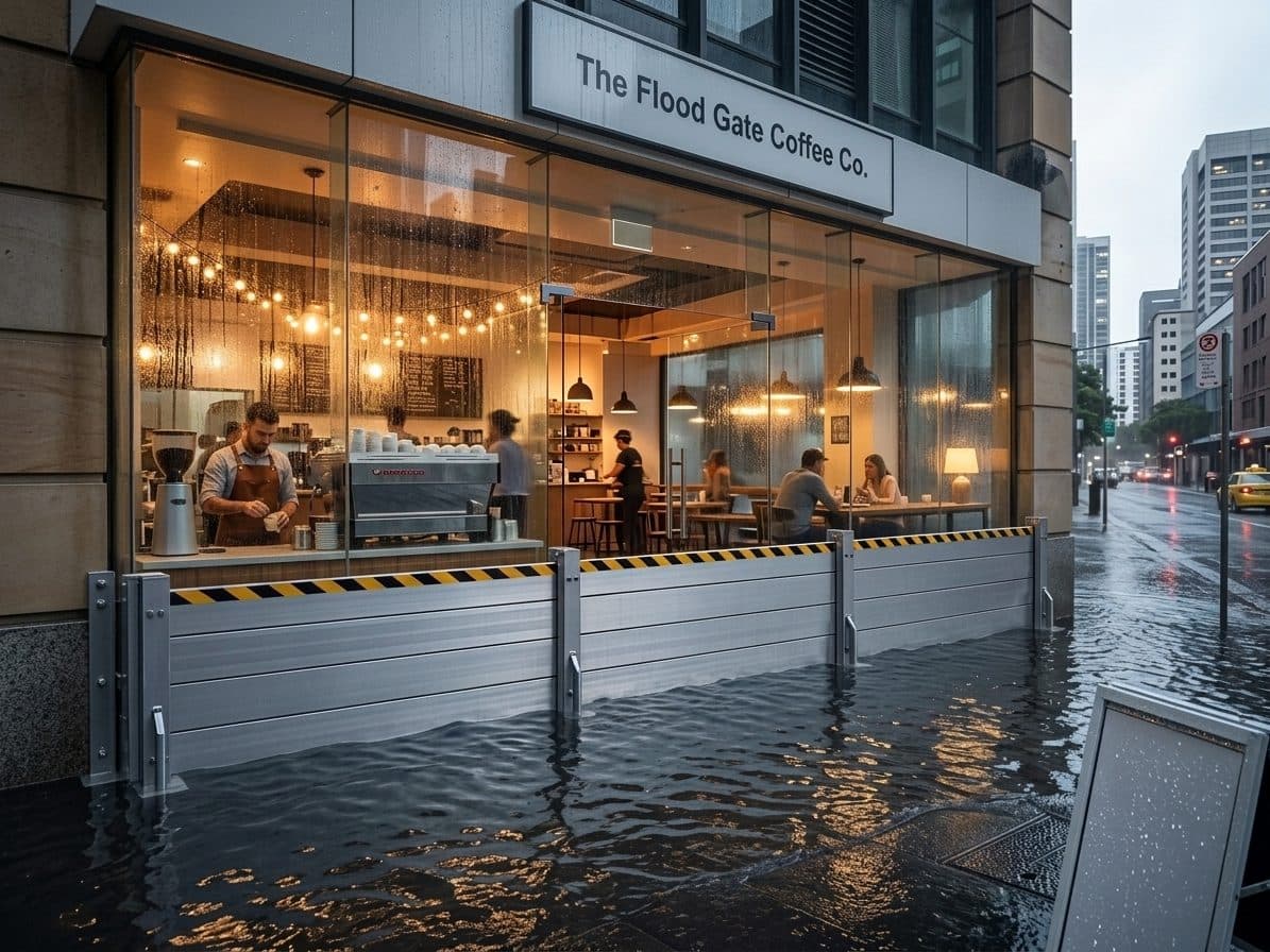 Aluminium demountable flood barriers installed at a café shopfront, sealing the glazed entry against rising floodwater
