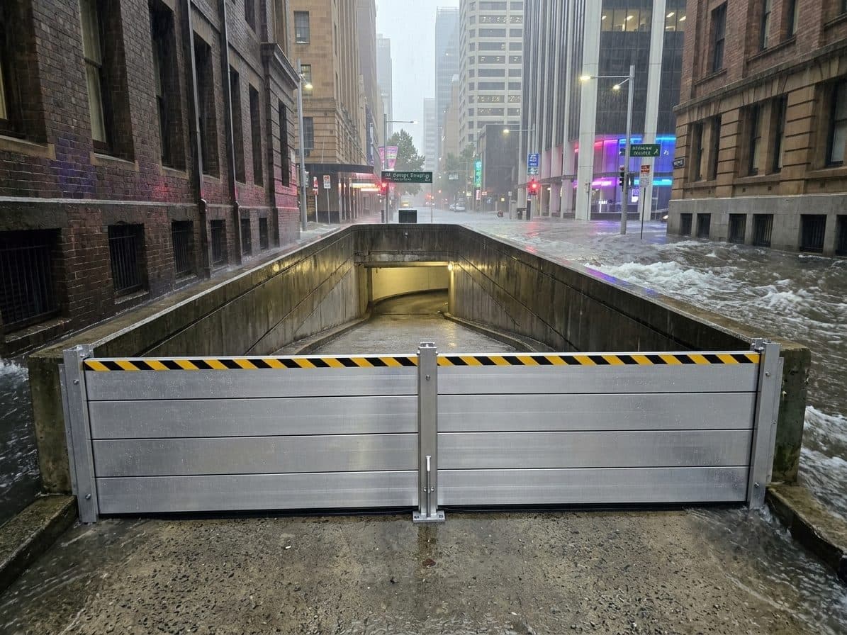 Aluminium flood barriers sealing a commercial car park entry during heavy rain