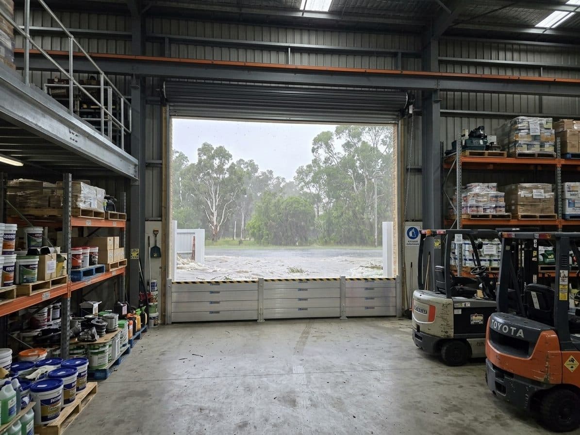 Aluminium flood barrier deployed across a factory roller door during heavy rain