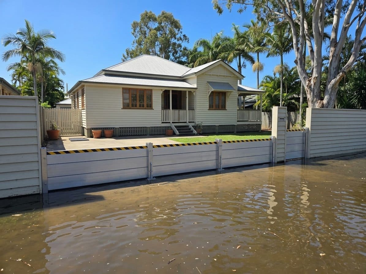 Aluminium flood barrier across a Queensland home front gate