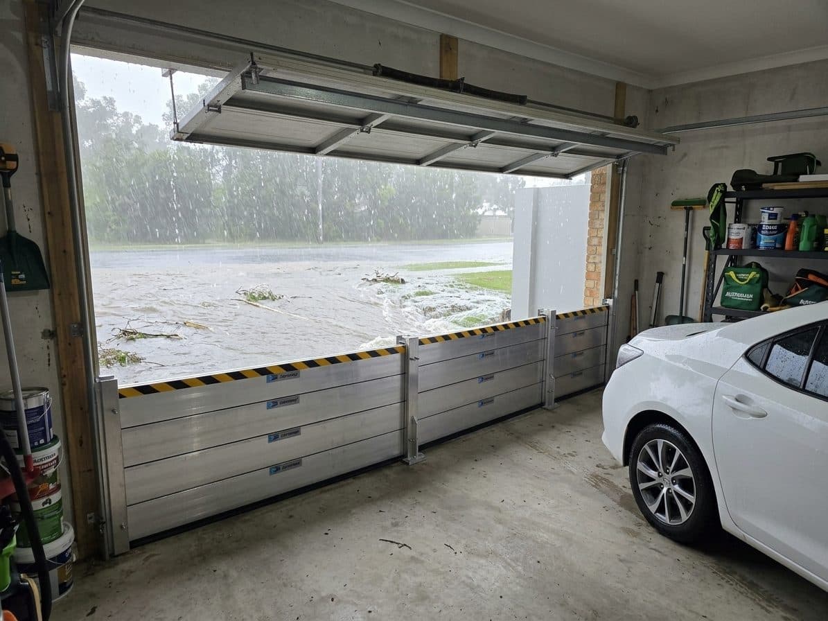 Aluminium flood barrier installed at a residential garage door in a suburban Newcastle-style home