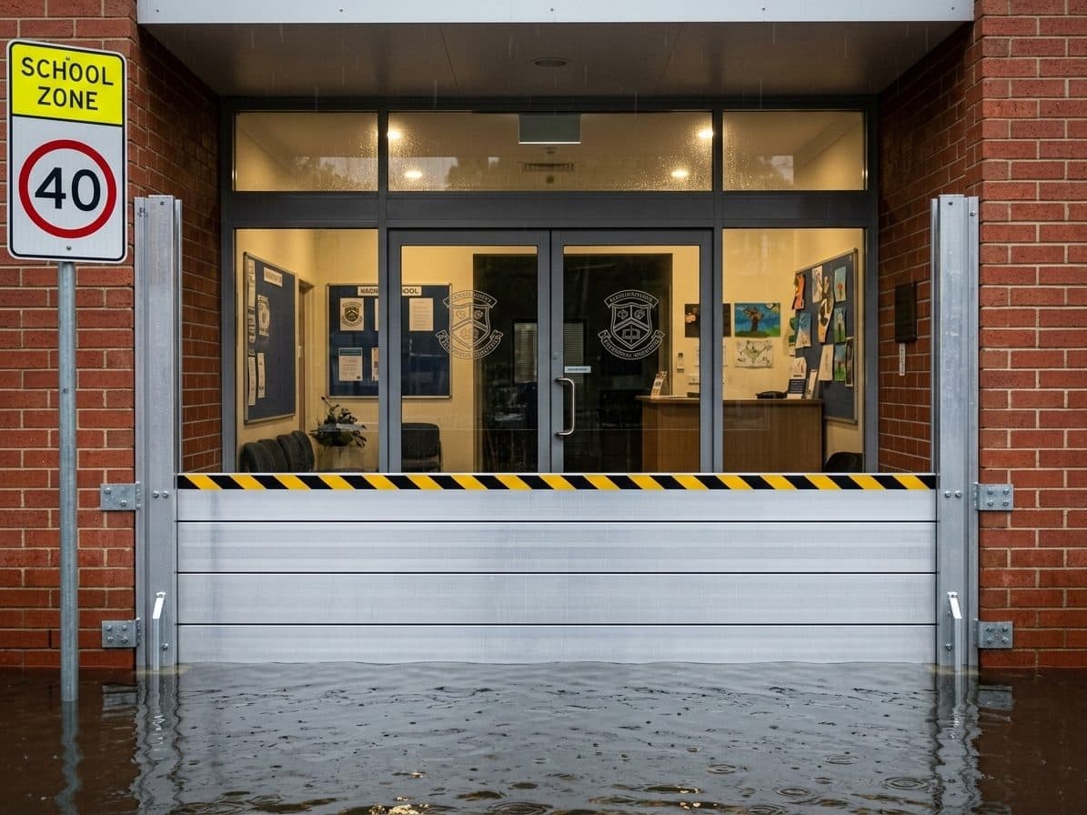 Aluminium flood barrier installed at a school entrance, protecting the doorway from rising floodwater