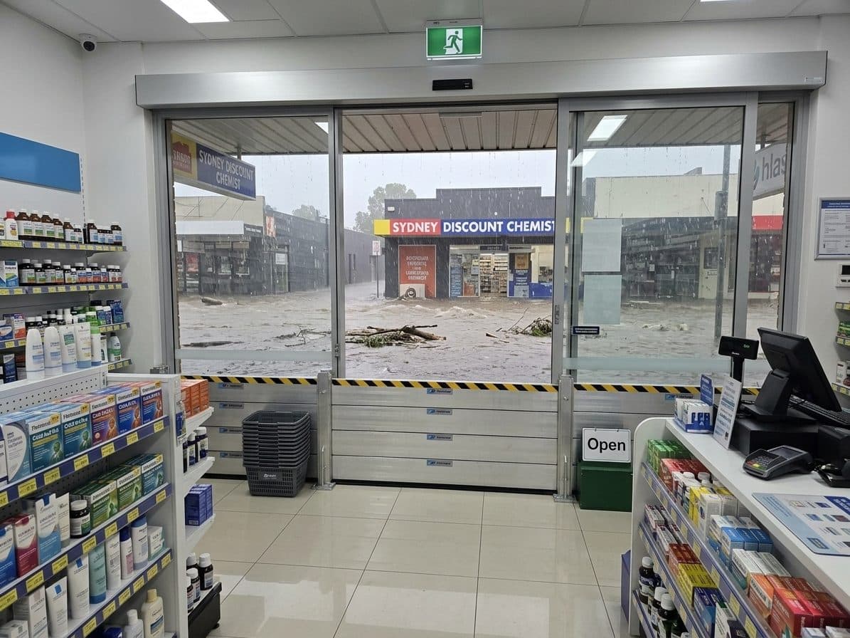 Aluminium flood barrier protecting a glazed pharmacy shopfront