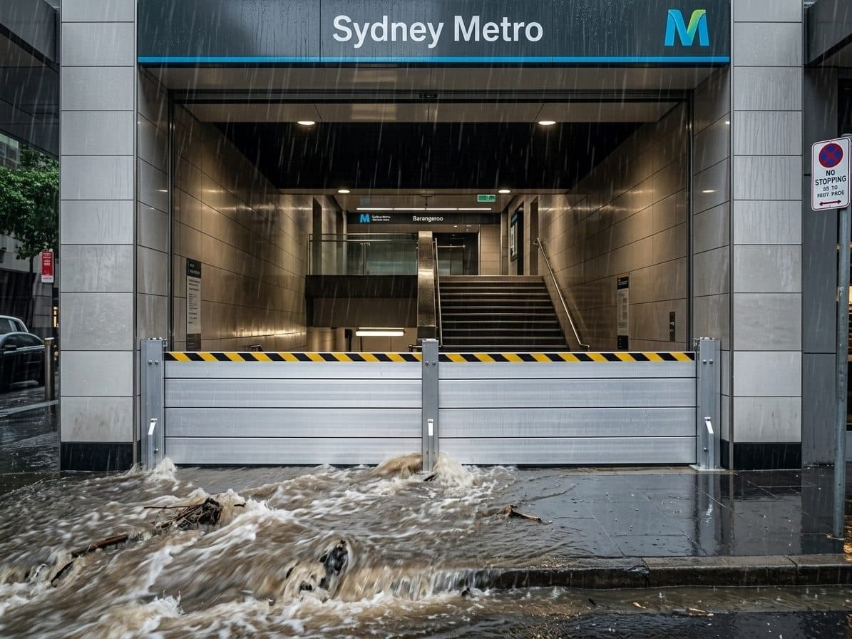 Aluminium flood barriers installed at a subway/metro station entrance — protecting underground transit infrastructure from stormwater ingress