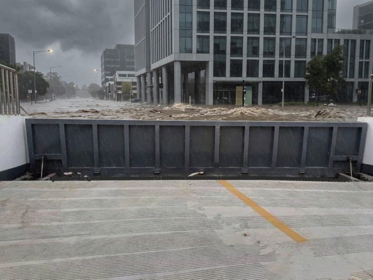 Automatic flood gate deployed at a CBD underground carpark ramp, sealing wall-to-wall as floodwater rises outside
