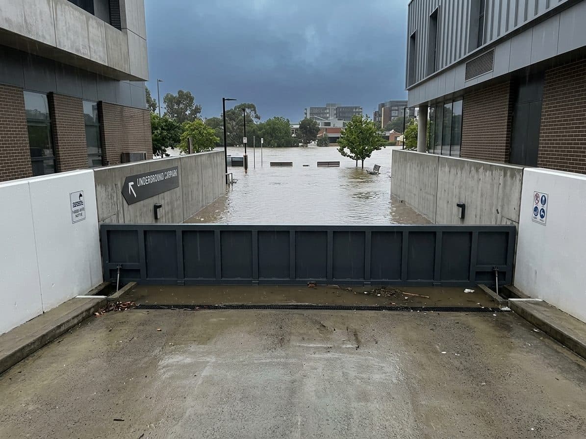Automatic flood gate at a hospital basement car park ramp
