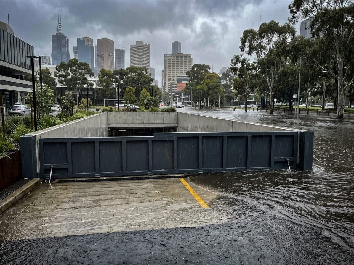 Automatic flood gate rising at a Melbourne underground car park ramp to block incoming floodwater
