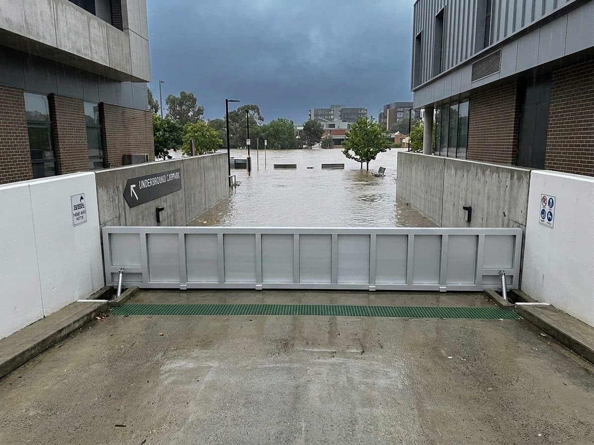 Automatic flood gate protecting an office tower underground carpark