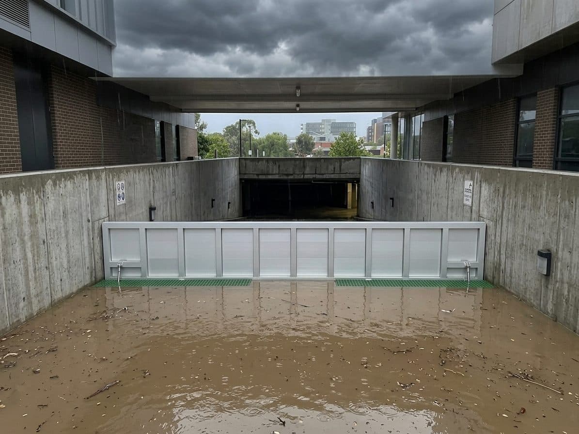View from outside a flooded carpark ramp — automatic flood gate holding back the rising stormwater with no staff intervention