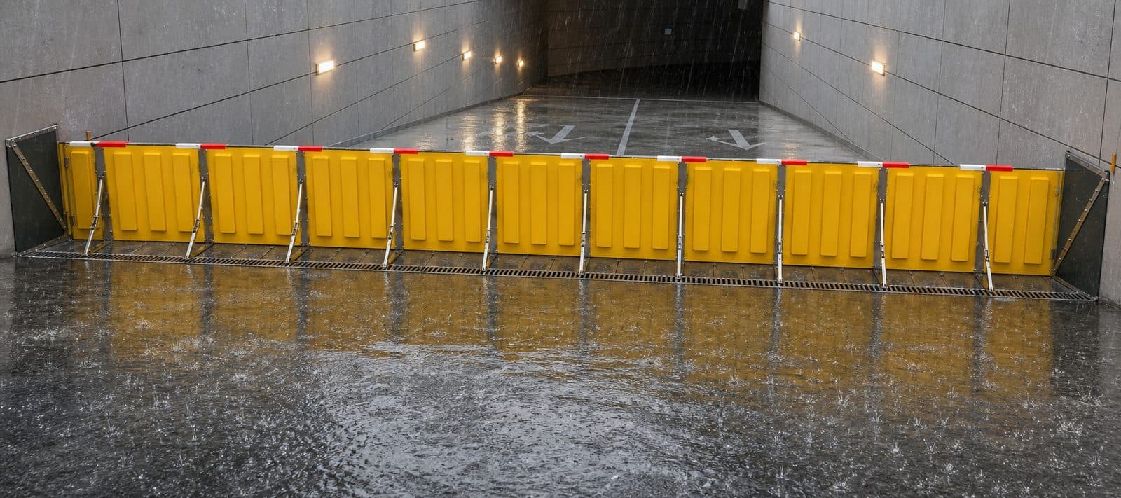 Hydrodynamic passive barrier raised in heavy rain across a roadway entry as floodwater rises