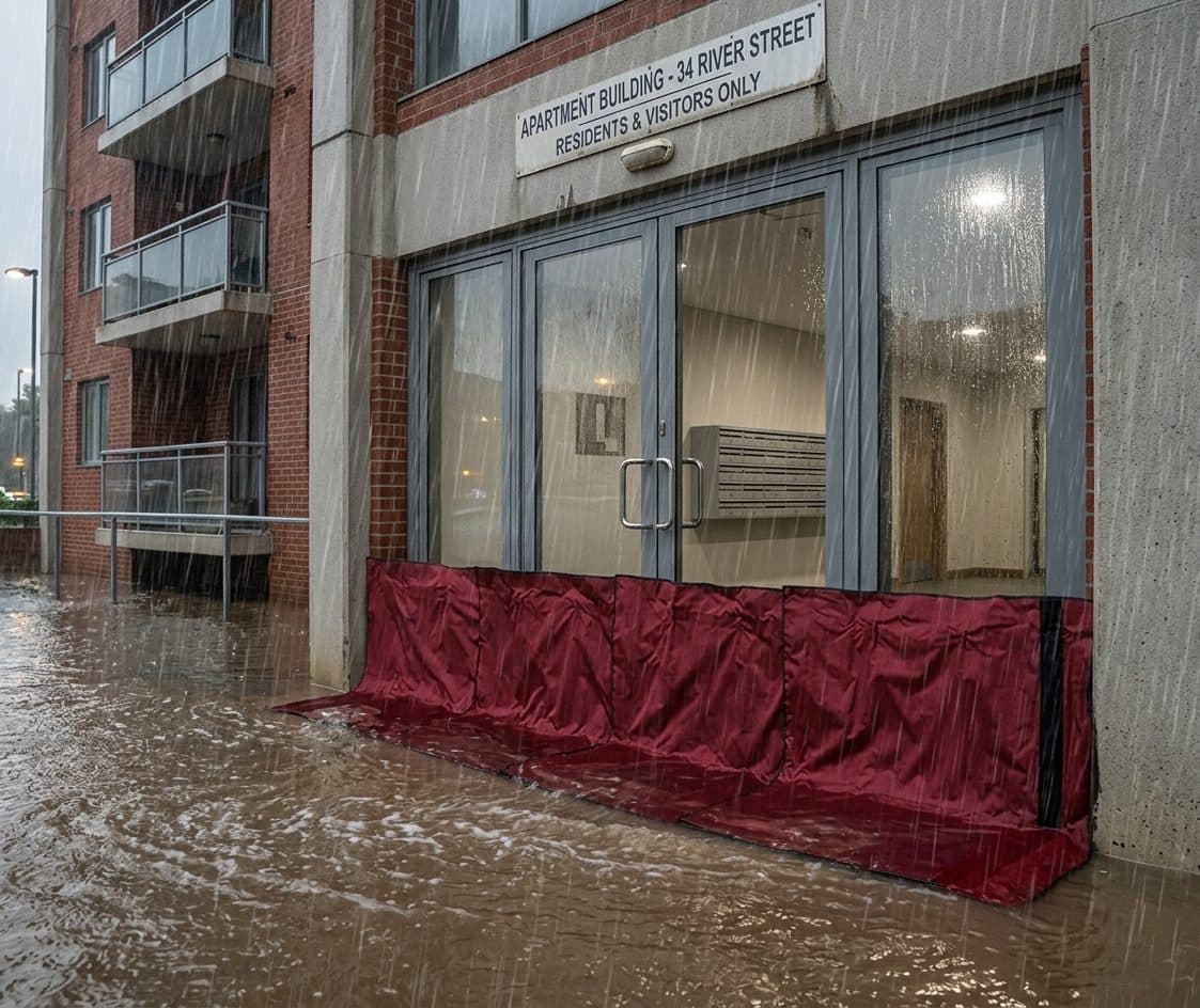 Oxford flood barrier at an apartment entry