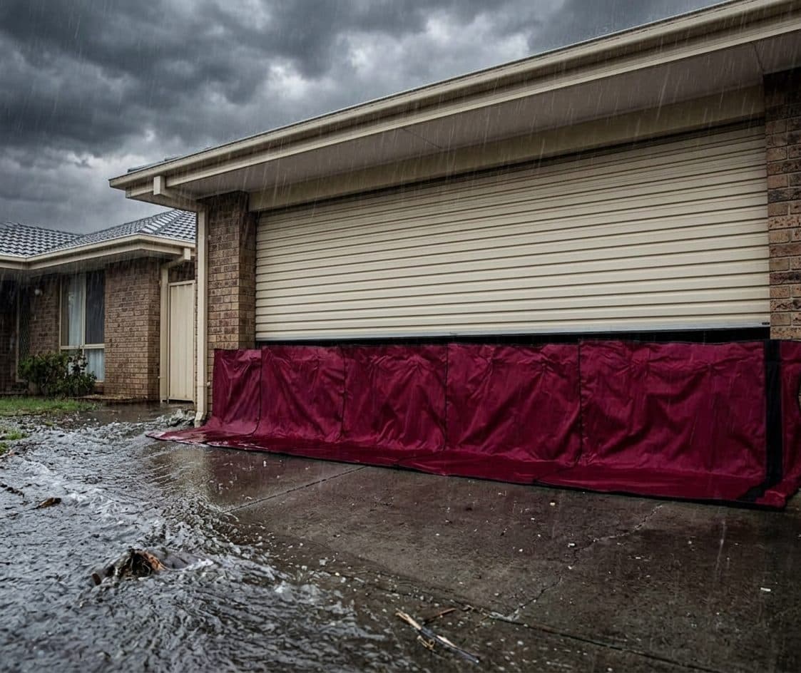 Oxford telescopic flood barrier installed across a residential garage entry