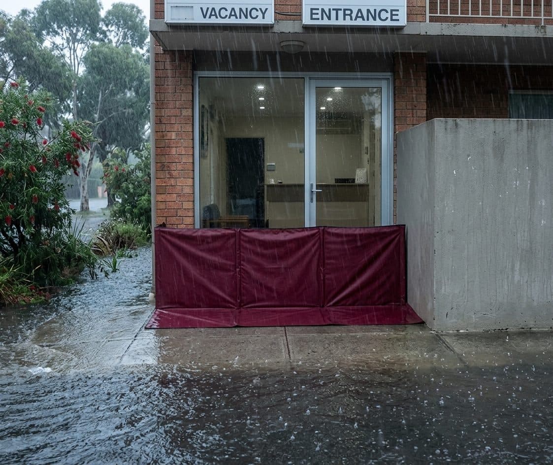 Oxford barrier deployed at a residential hotel entry blocking a wide doorway