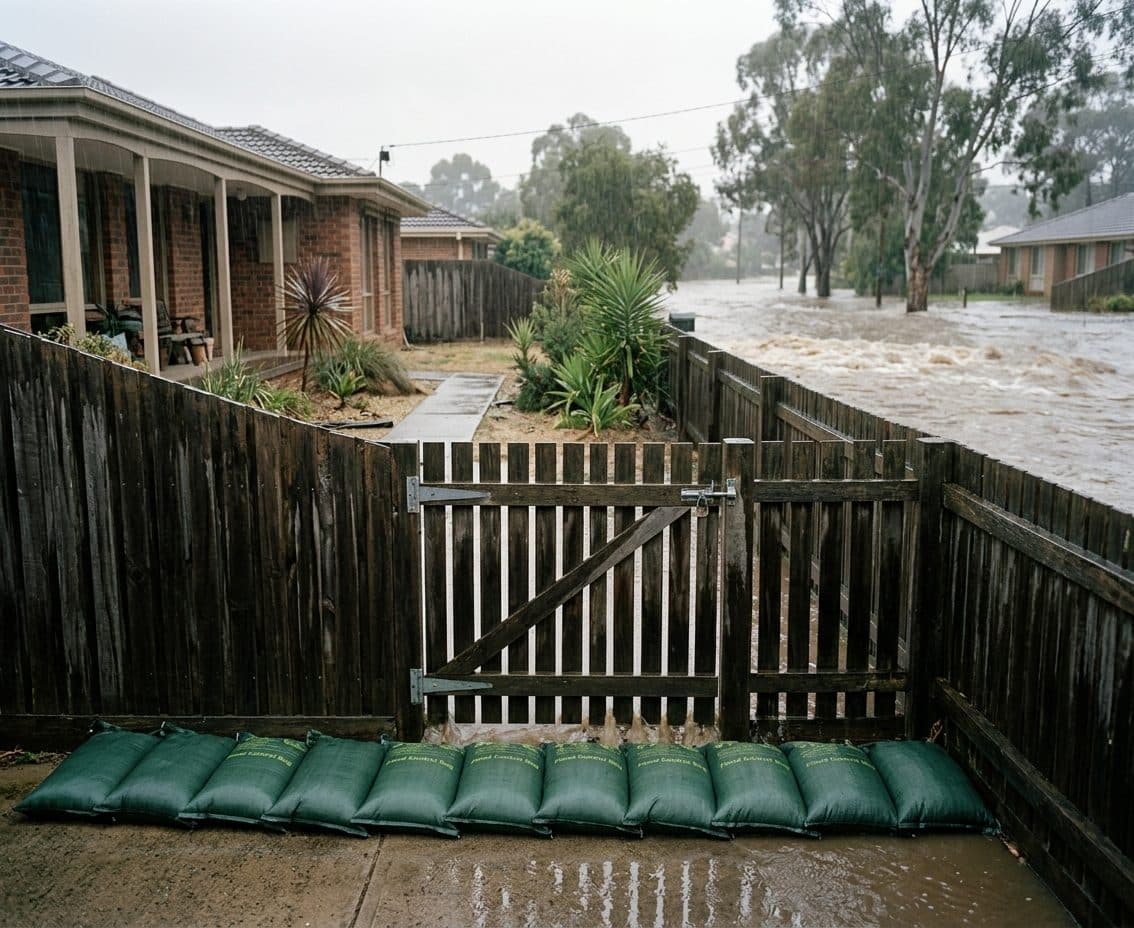 Water-activated sandbags stacked at a backyard gate