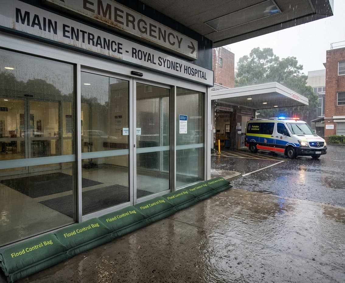 Water-activated sandbags at a hospital entrance — immediate deployment without sand, shovels, or filling equipment