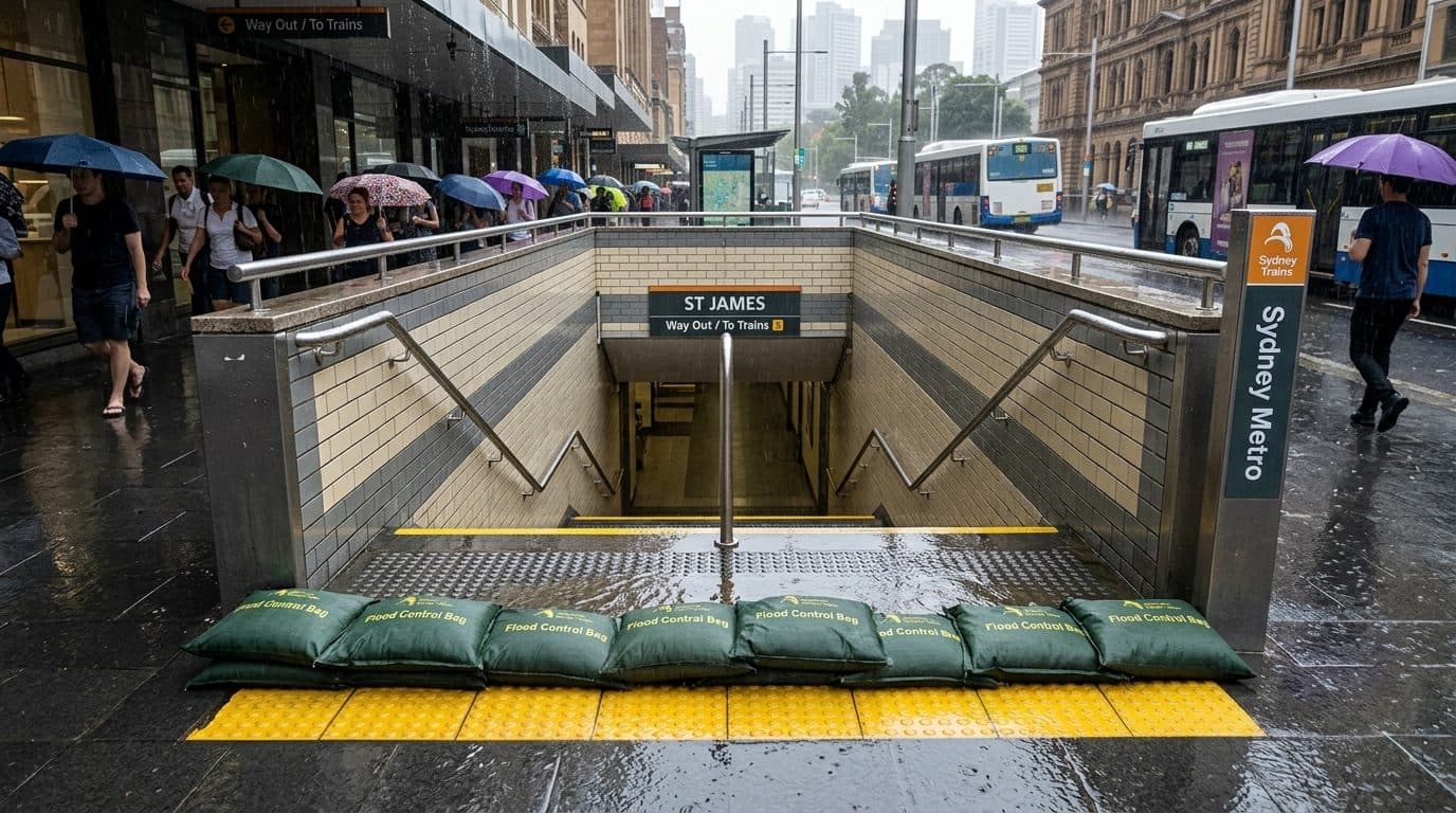 Water-activated sandbags positioned at a building entry point ahead of heavy winter rain