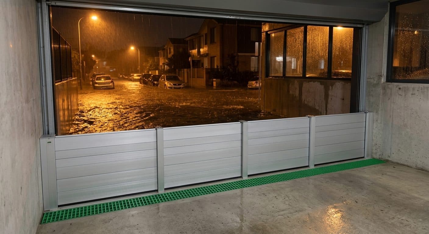 Aluminium flood barrier at an apartment building entry at night