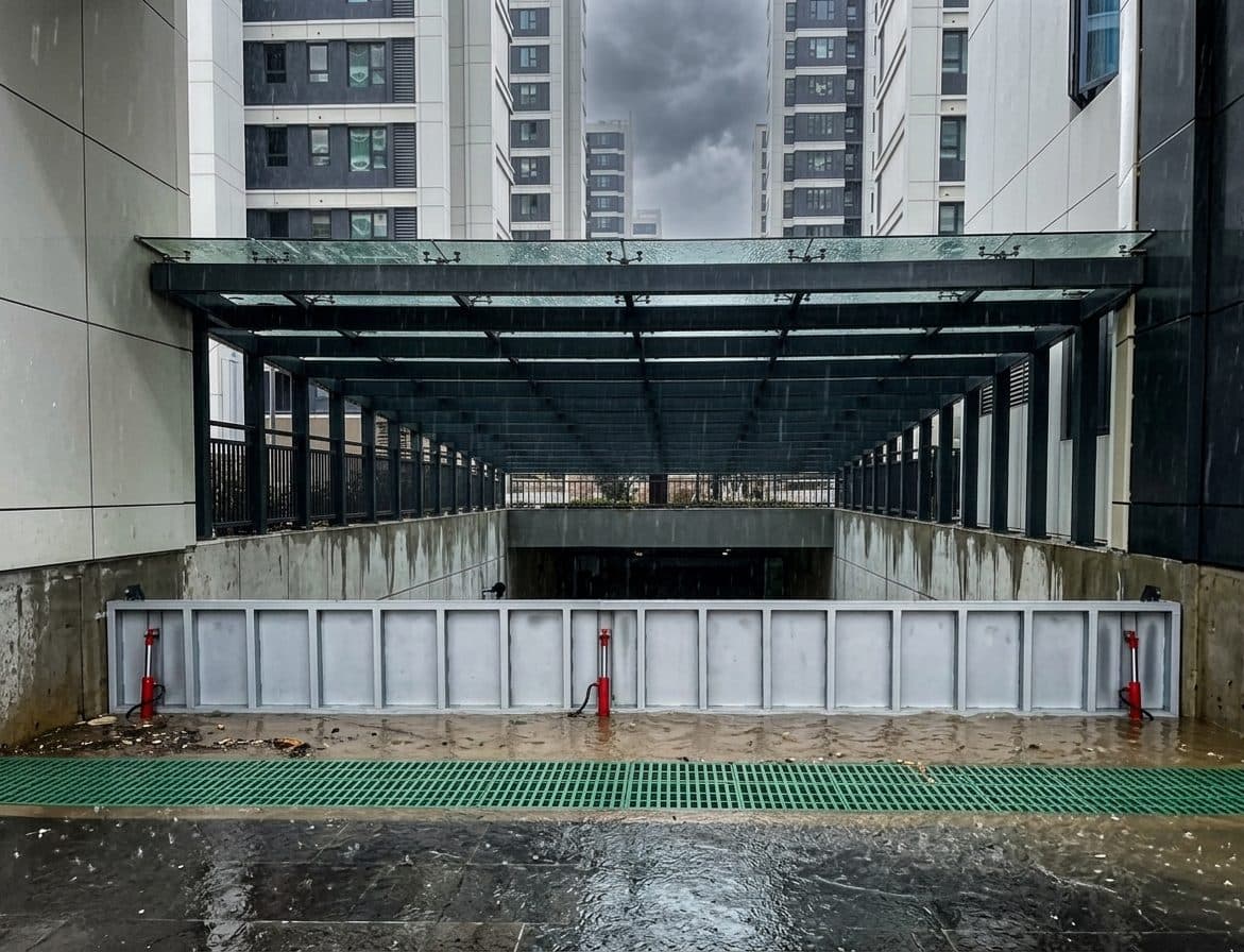 Automatic flood gate raised at an apartment basement car park ramp