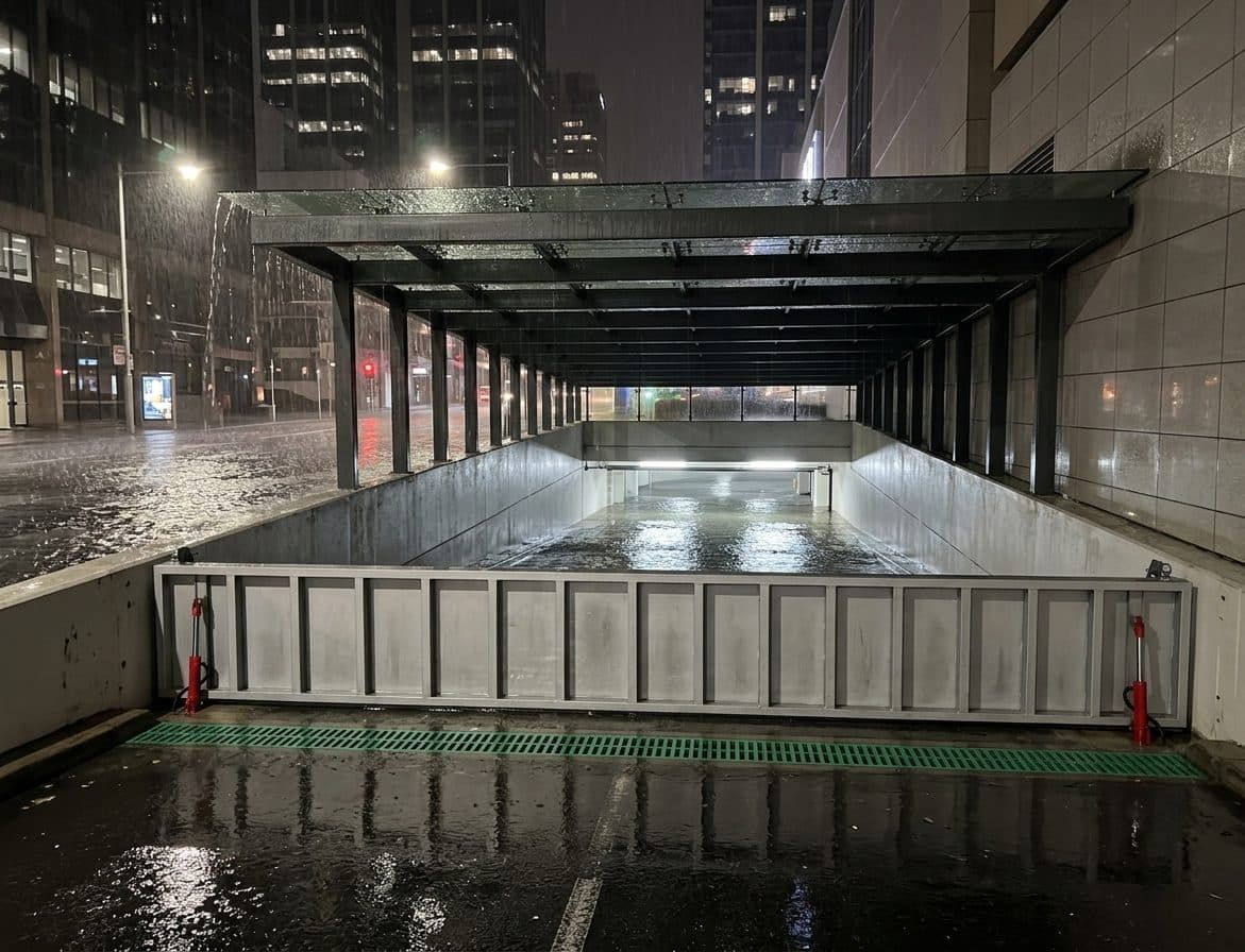 Flood barrier installed at a shopping centre entrance at night
