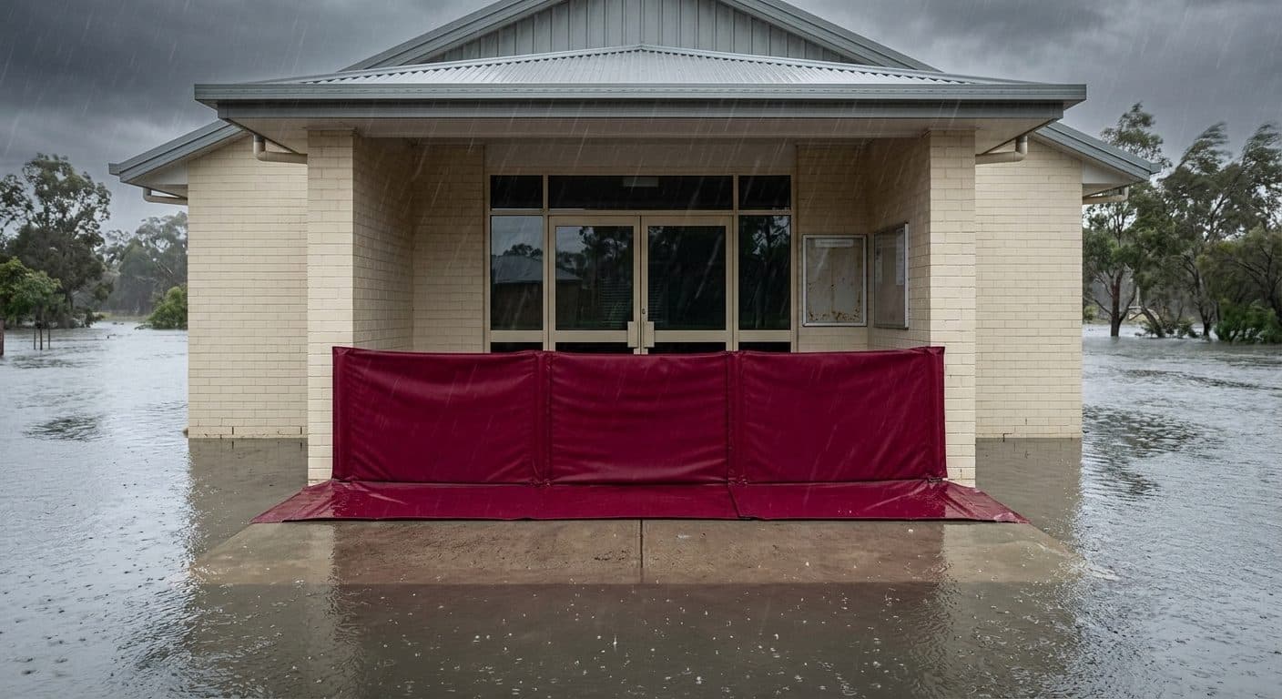 Oxford barriers deployed across a hall entrance, stopping floodwater at the doorway threshold