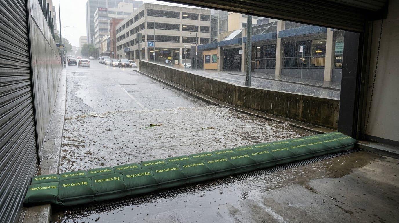 Water-activated sandbags deployed at a car park entrance