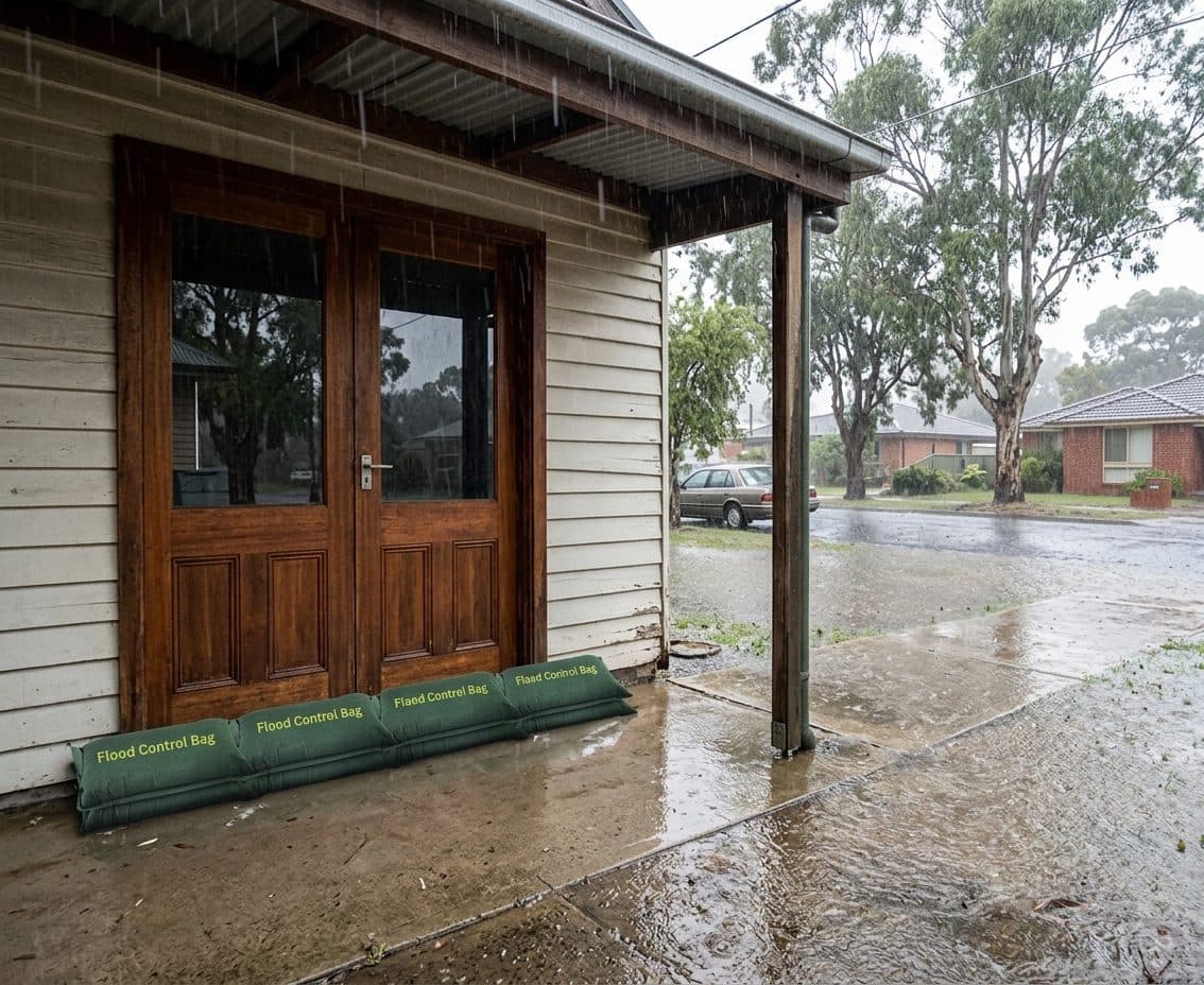 Water-activated sandbags arranged at the entry of a community building before flood water arrives