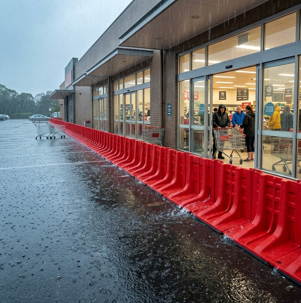 ABS portable flood barriers deployed at a supermarket entrance