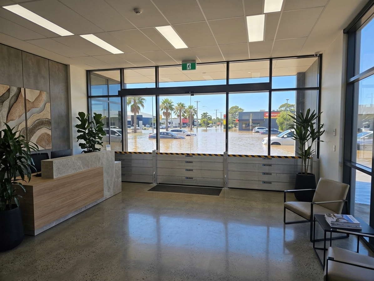 Aluminium flood barriers deployed at a commercial office lobby entry