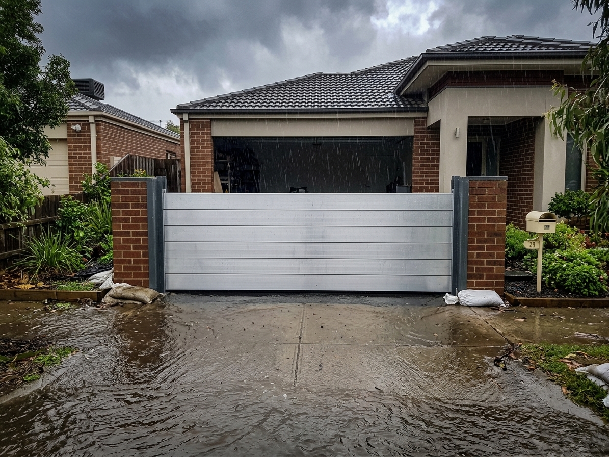 Aluminium flood barrier protecting the garage door of a suburban Perth home