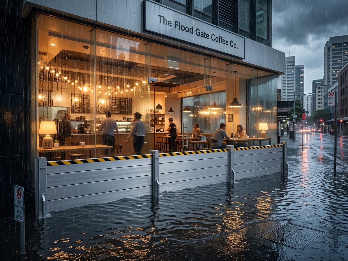 Aluminium flood barriers installed across a Melbourne commercial shopfront before a flood event