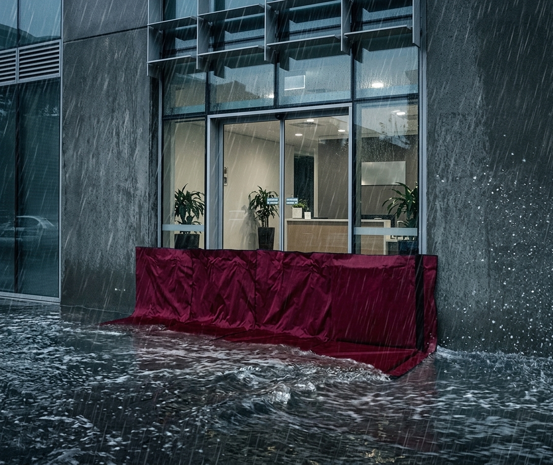 Oxford barriers deployed across a commercial office entry to protect against floodwater ingress