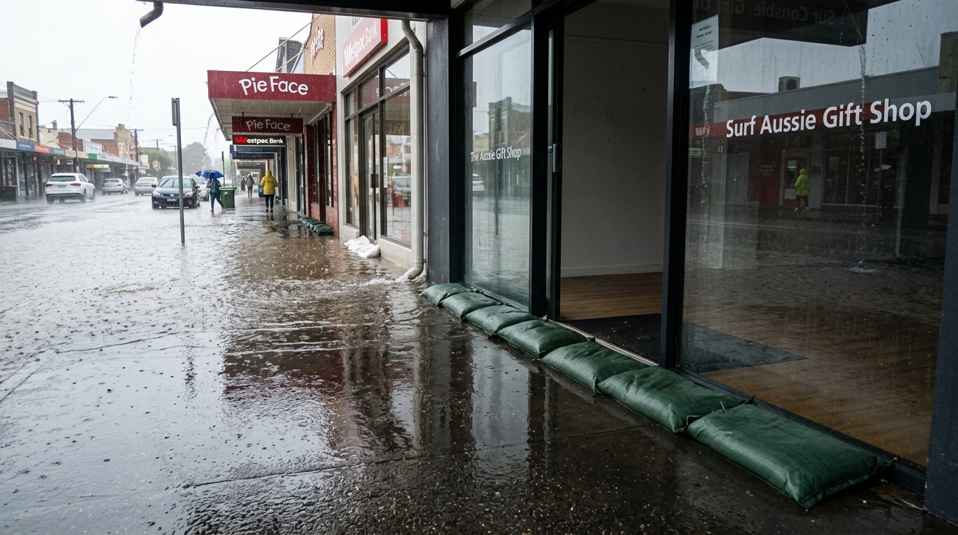 Water-activated sandbags stacked at a commercial shopfront entry during heavy rain